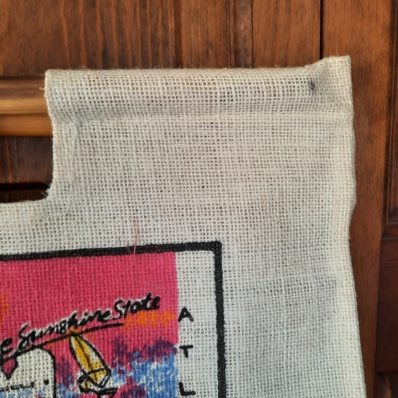 NWOT Vintage Florida graphic wood handle woven large reusable tote beach bag - Picture 3 of 9